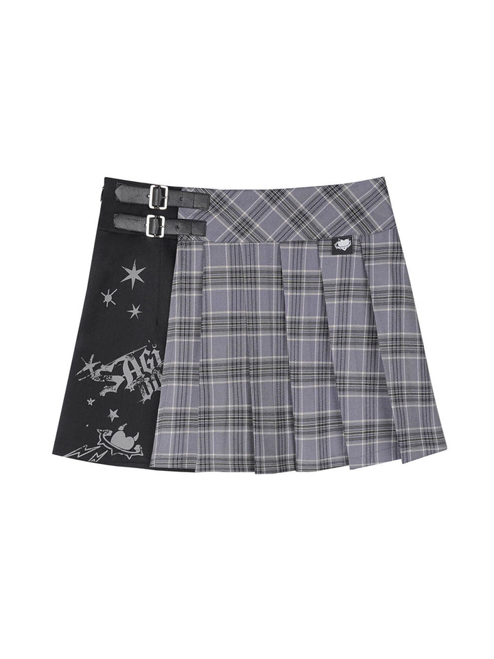 Gray Plaid Buckle Panel Pleated Mini Skirt