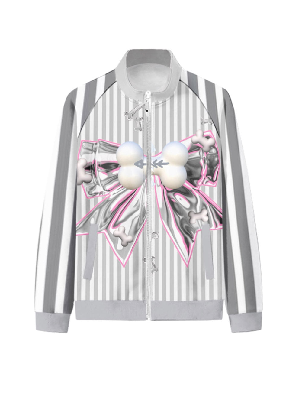 Grey Striped Bow Print Zip Jacket