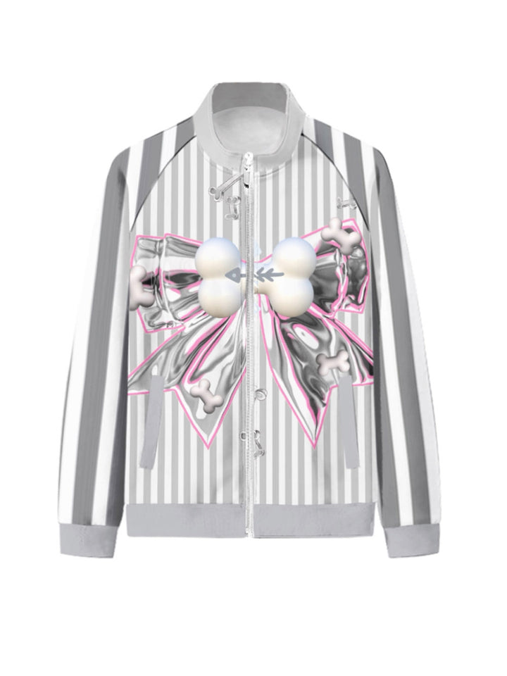 Grey Striped Bow Print Zip Jacket