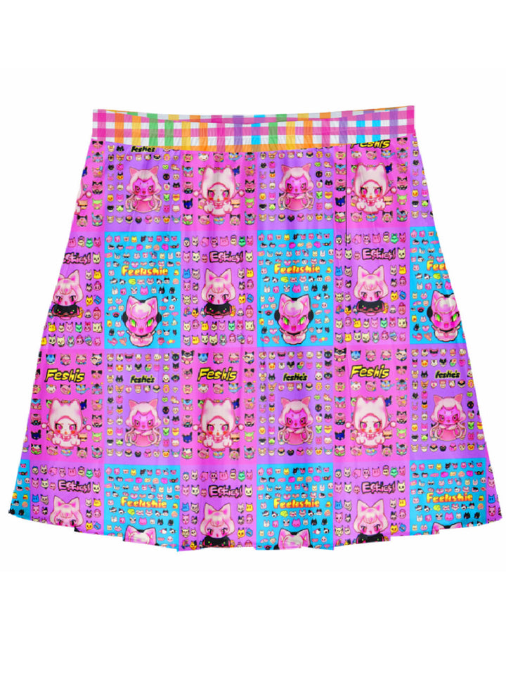 Kawaii Pink Cat Print Pleated Mini Skirt