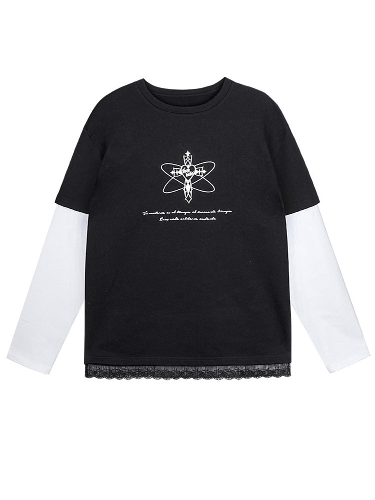 Black White Faux Two Piece Long Sleeve Casual Sweatshirt