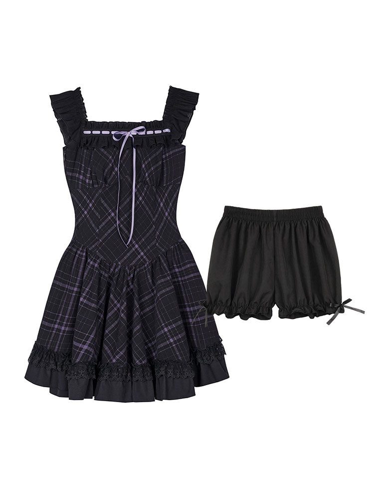 Dark Plaid Ruffle Lace Coquette Dress