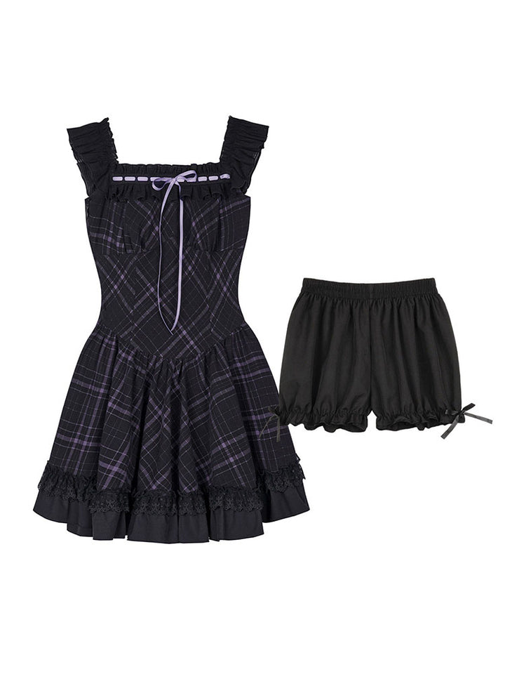 Dark Plaid Ruffle Lace Coquette Dress