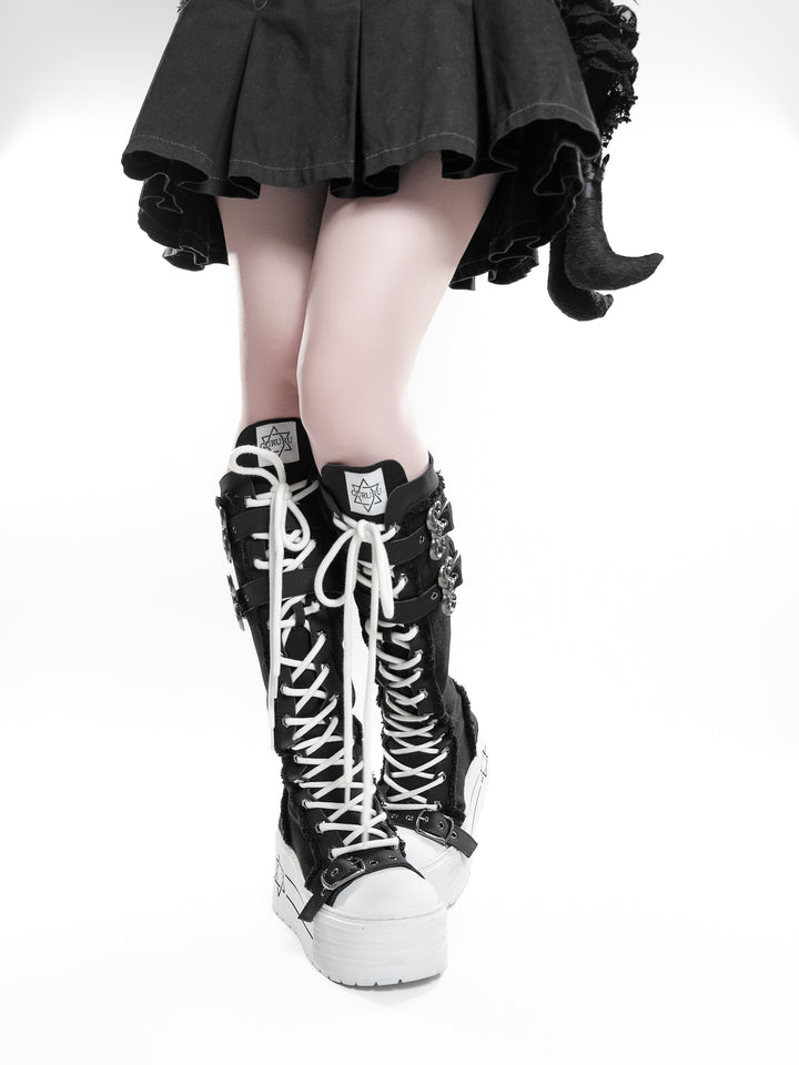 Platform Lace-Up Buckle Knee-High Boots