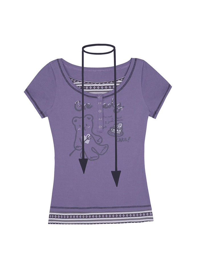 Whimsical Purple Henley Graphic Tops