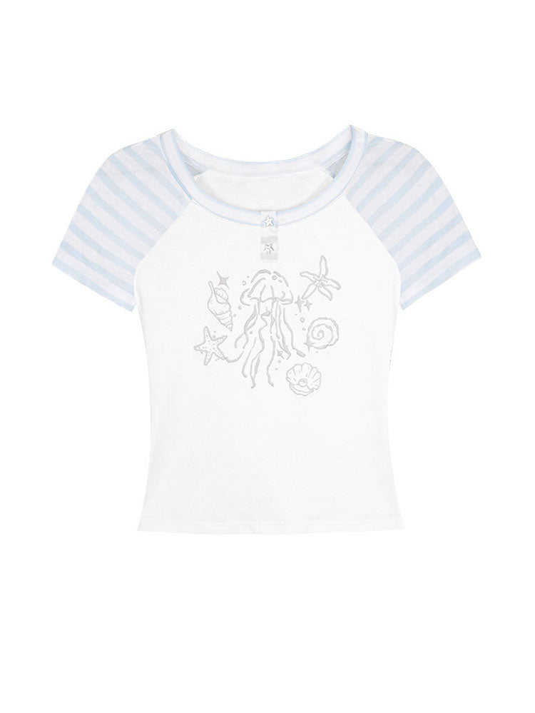 Kawaii Jellyfish Starfish Stripe Sleeve T-shirt