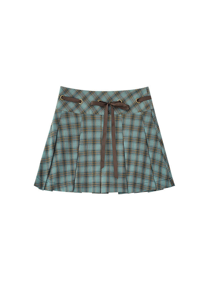 Blue Plaid Ribbon Tie Pleated Mini Skirt