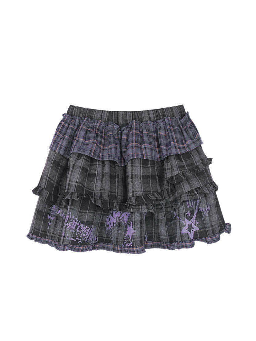Gray Plaid Layered Ruffle Mini Skirt