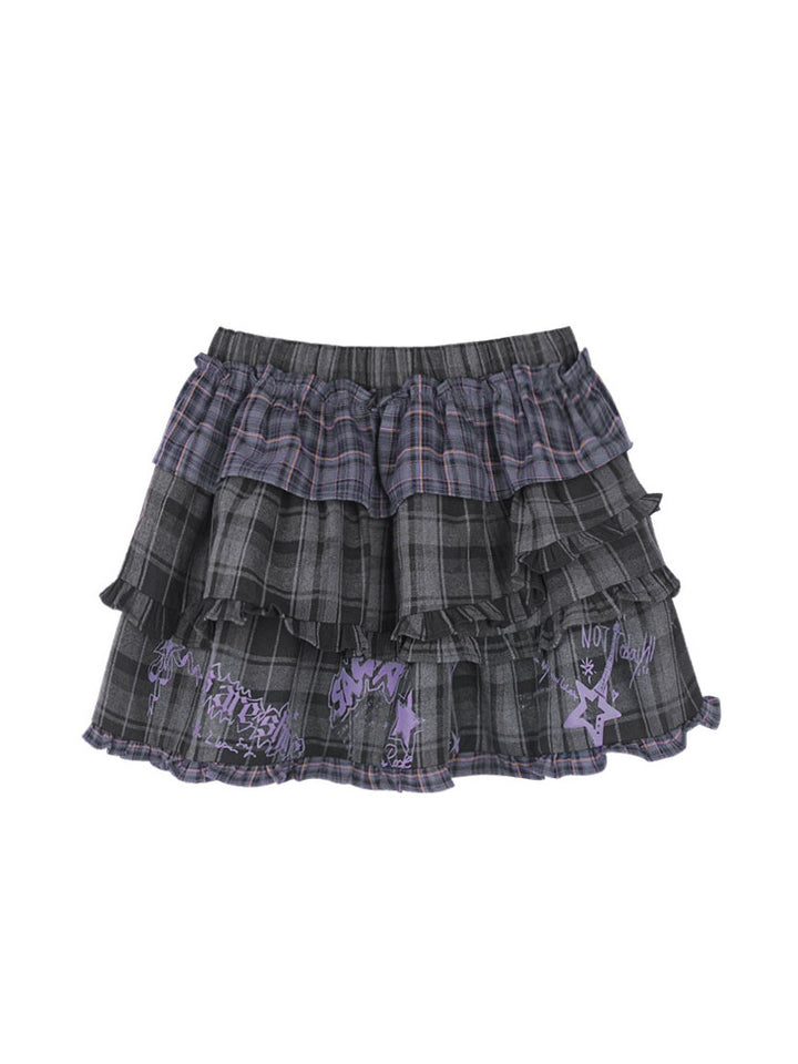 Gray Plaid Layered Ruffle Mini Skirt