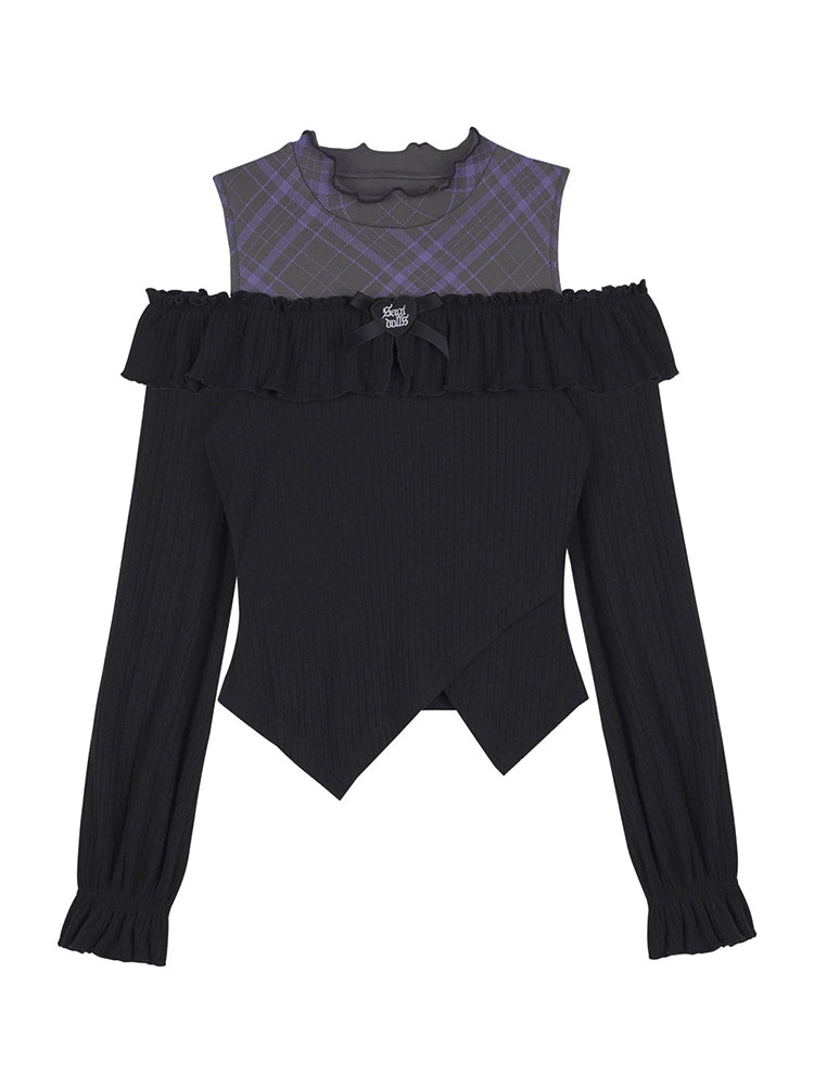 Black Purple Off-Shoulder Long Sleeve Top