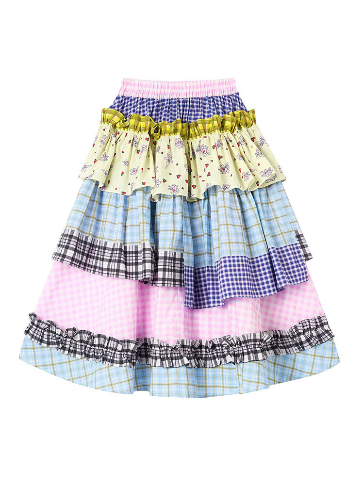 Pastel Plaid Tiered Midi Skirt