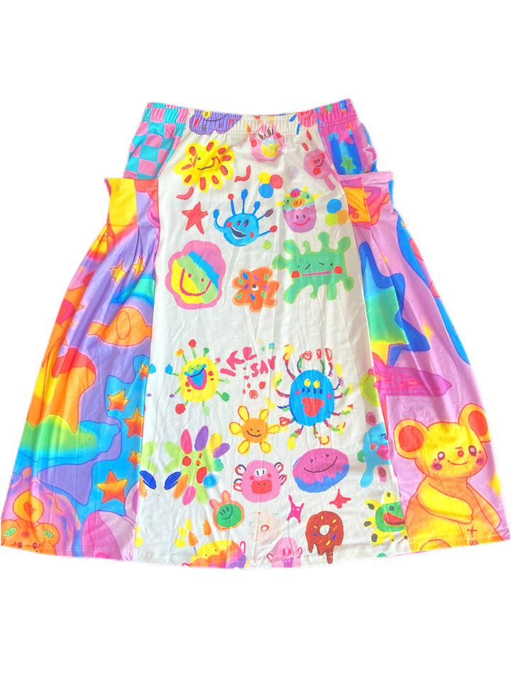 Kawaii Doodle Patchwork Midi Skirt