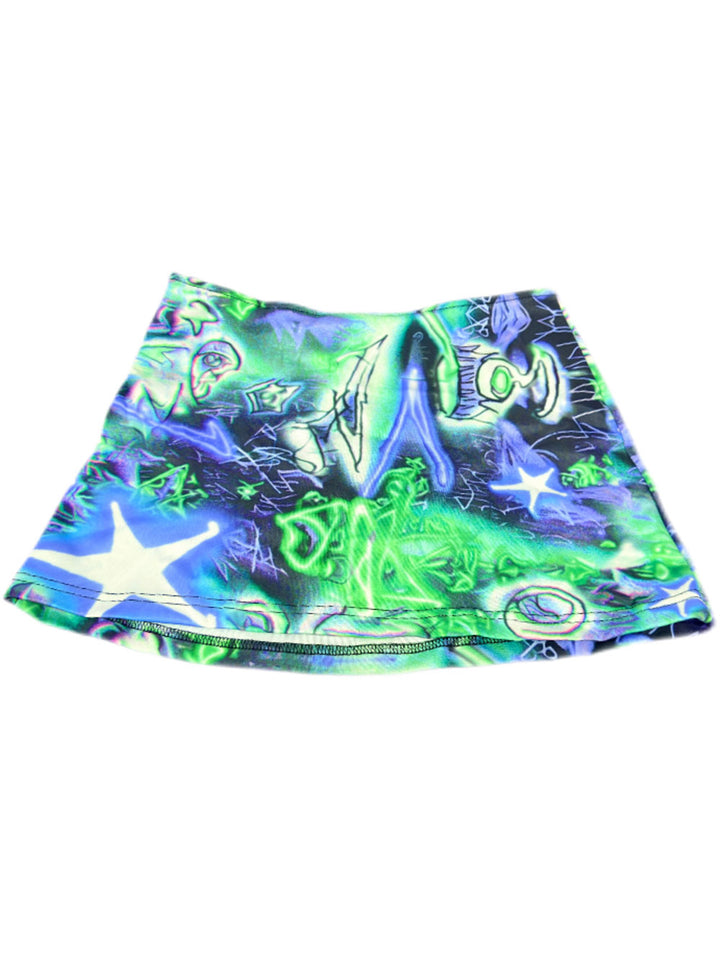 Green Cyber Graphic Mini Skirt