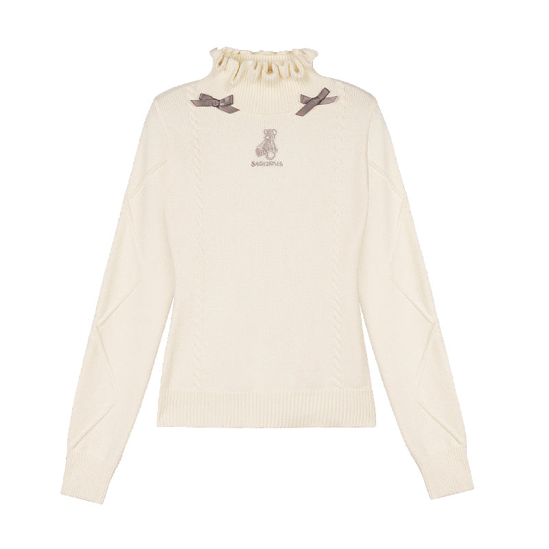 Bear Embroidery Beige Slim-Fit Half Turtleneck Design Knit Sweater