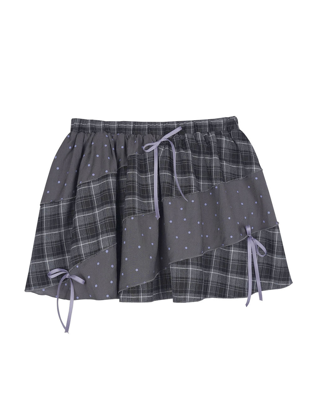 Gray Plaid Polka Dot Bow Mini Skirt