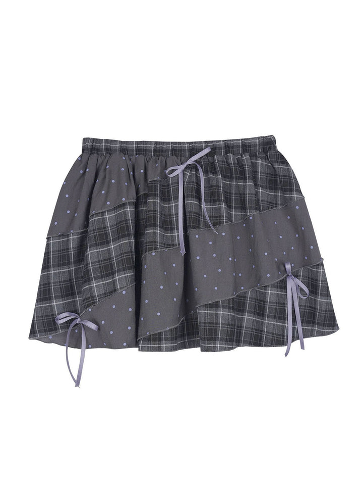 Gray Plaid Polka Dot Bow Mini Skirt