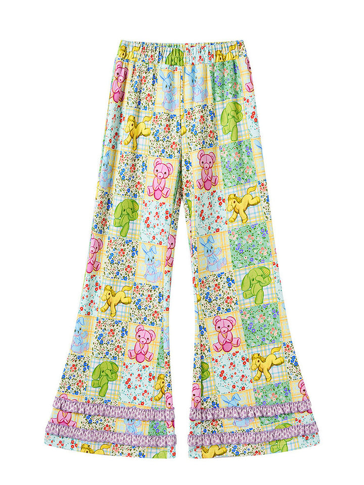 Patchwork Animal Floral Ruffle Flare Pants