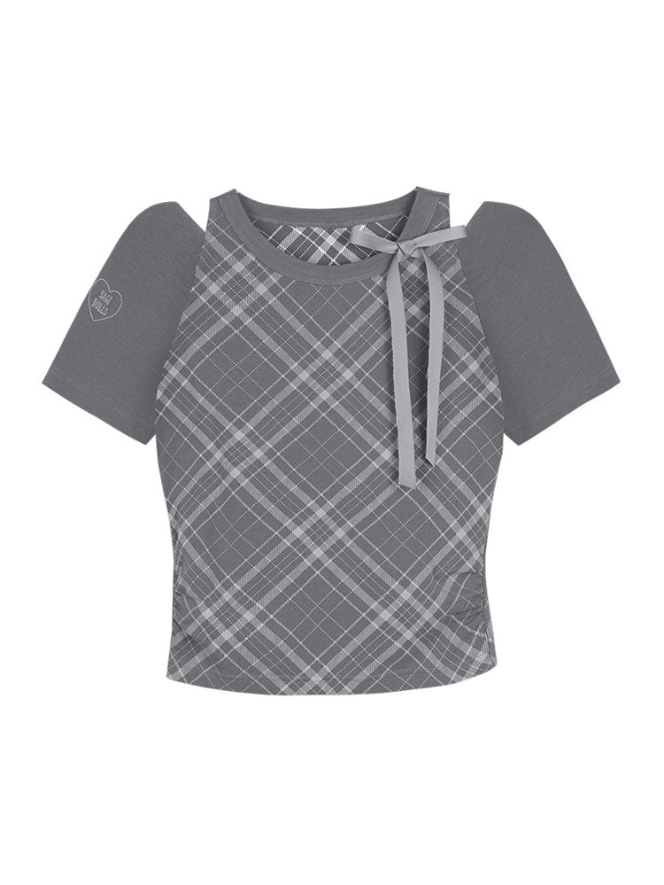 Gray Plaid Bow Cutout Ruched Tee