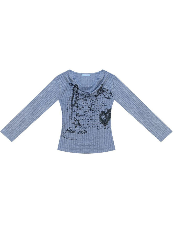 Y2K Bunny Graphic Cowl Neck Sweater