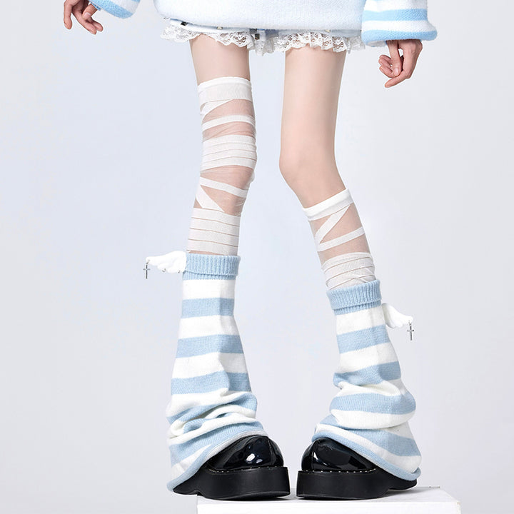 White and Blue Striped Angel Thigh High Garter Stockings