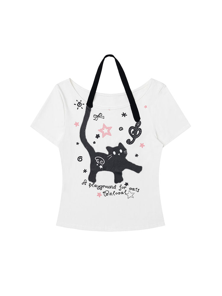 Faux Halter Kawaii Cat Graphic Tee