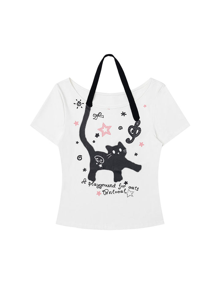 Faux Halter Kawaii Cat Graphic Tee