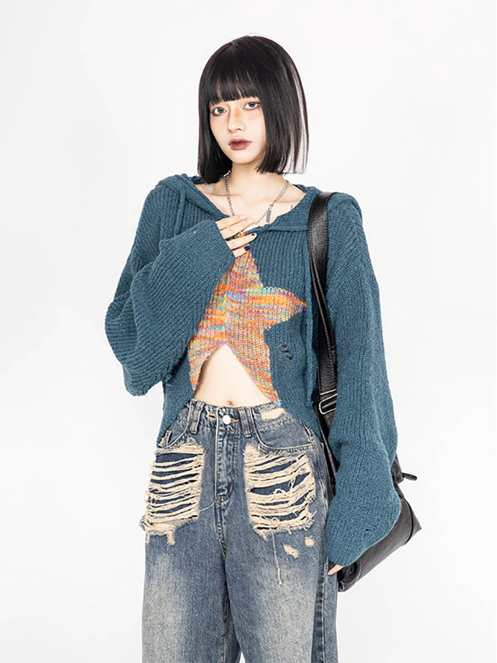 Star print hooded short sweater