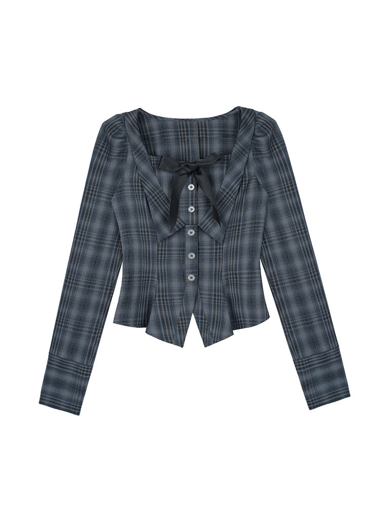 Jirai Plaid Bow Corset Long Sleeve Top