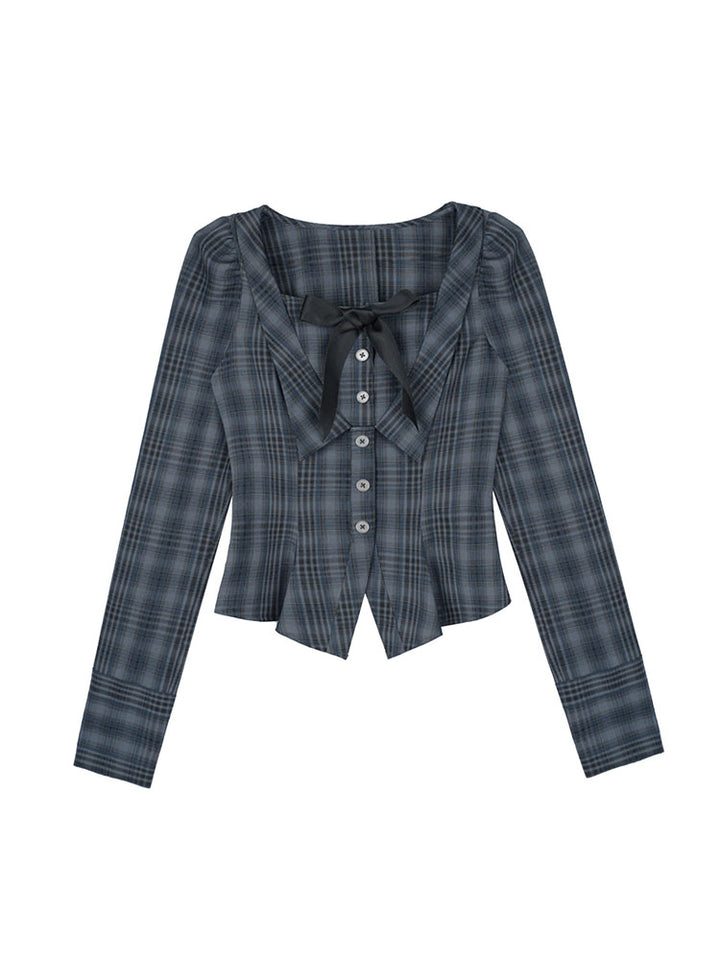 Jirai Plaid Bow Corset Long Sleeve Top