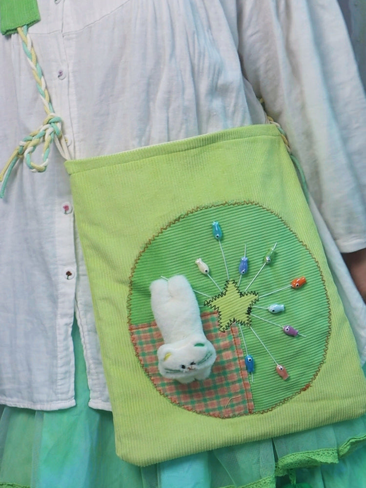 Cat Patch and Fish Beads Green Crossbody Bag
