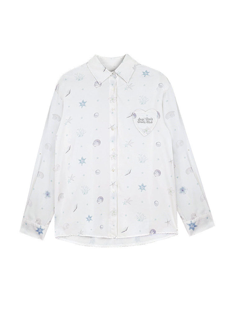 Oversized Subcul Marine Heart Pocket Long Sleeve Shirt
