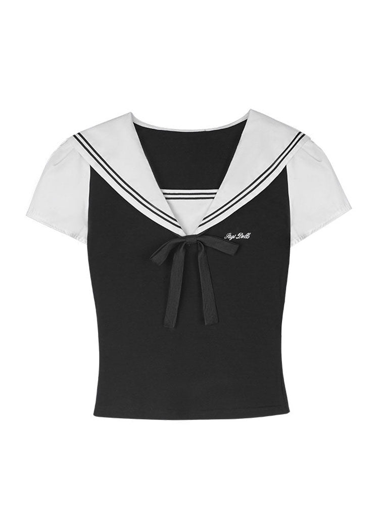 Layered Sailor Collar Top Plaid Skort
