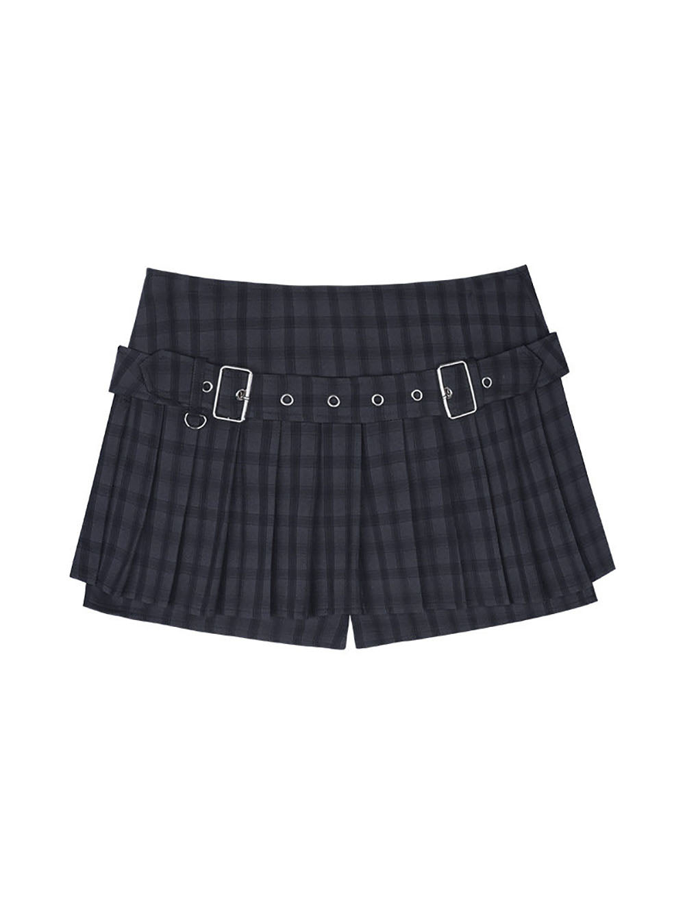 Black Plaid Double Buckle Pleated Mini Skirt