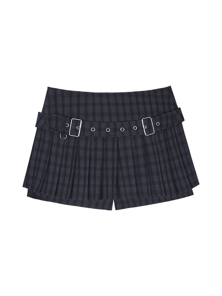 Black Plaid Double Buckle Pleated Mini Skirt