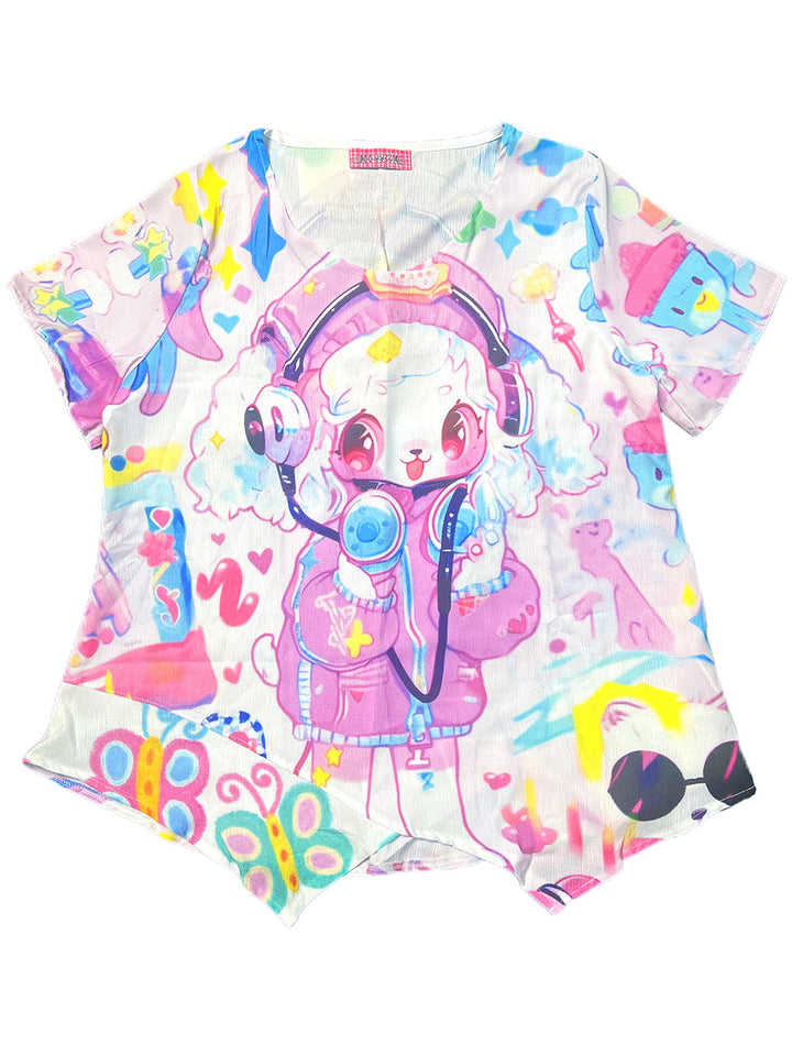 Pastel Lamb Graphic Asymmetrical T Shirt