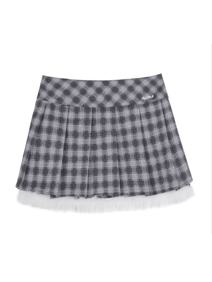 Gray Plaid Fuzzy Trim Pleated Mini Skirt