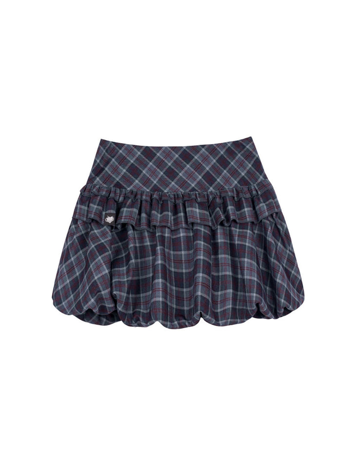 Blue Plaid Ruffle Bubble Mini Skirt