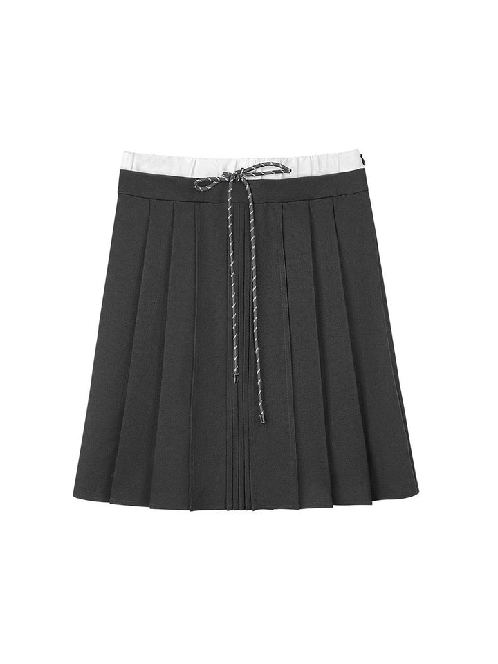 Black Contrast Waist Pleated Midi Skirt
