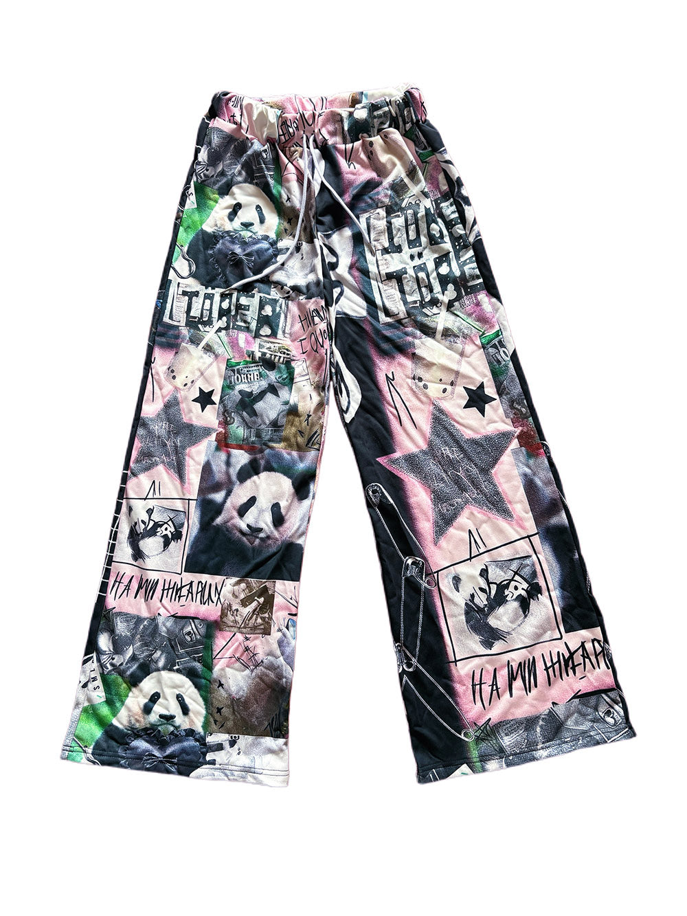 Black Pink Panda Graphic Wide Leg Pants
