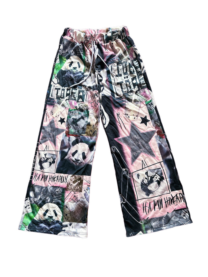 Black Pink Panda Graphic Wide Leg Pants