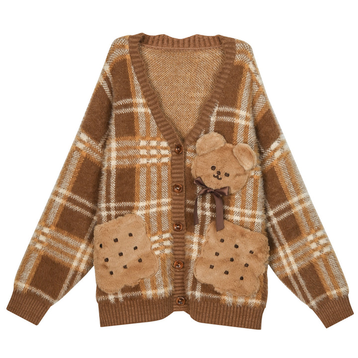 Cookie Bear Plaid Sweater Beige Shirt