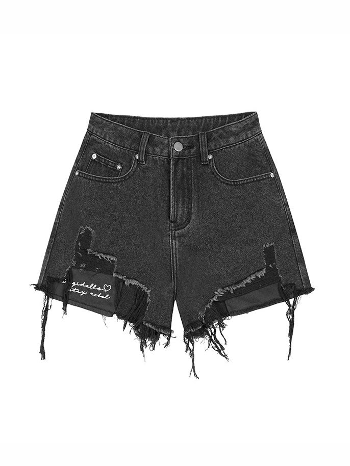Black Distressed Patchwork Shorts