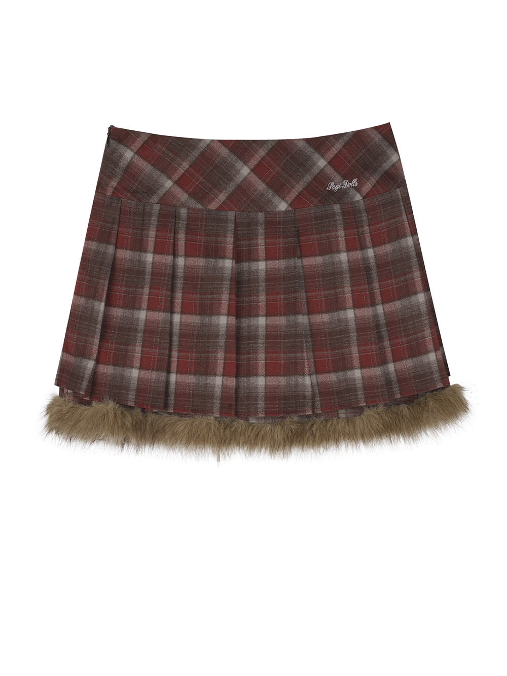 Red Plaid Fluffy Trim Pleated Mini Skirt