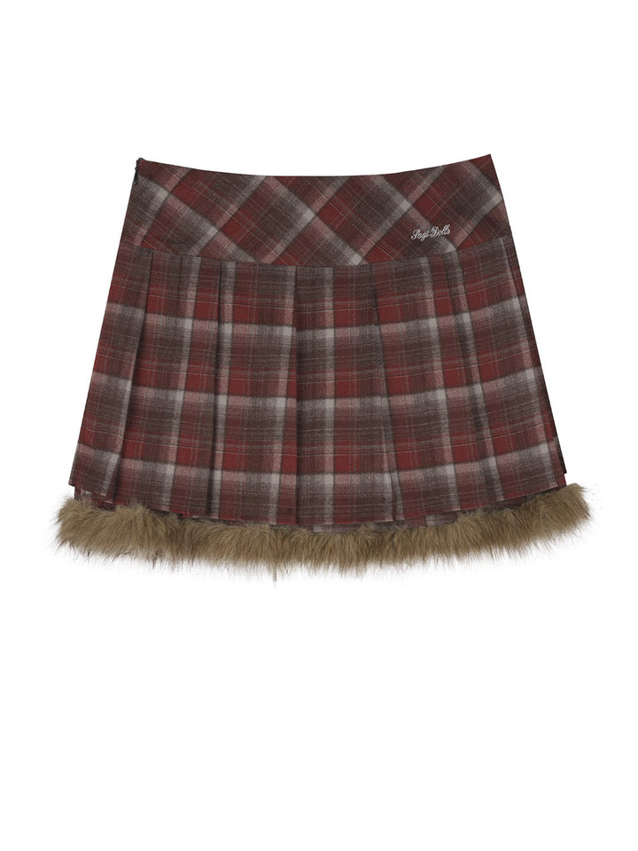 Red Plaid Fluffy Trim Pleated Mini Skirt