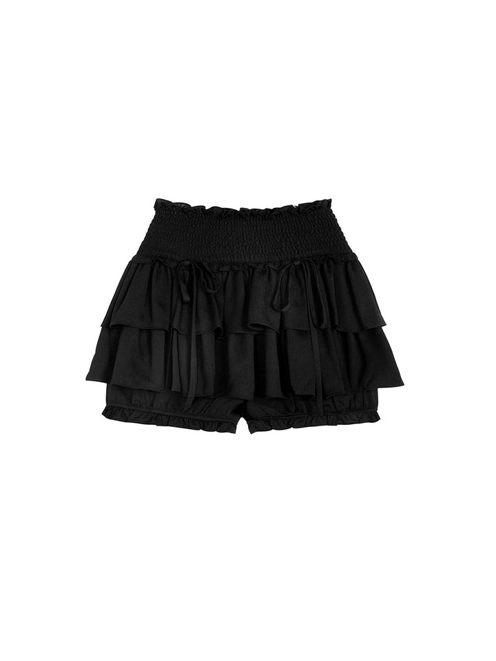 Black Smocked Waist Layered Ruffle Skort