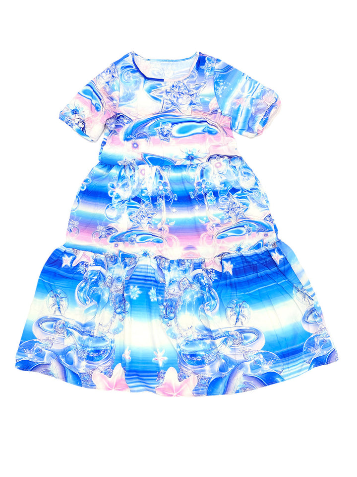 Blue Pastel Abstract Tiered Midi Dress