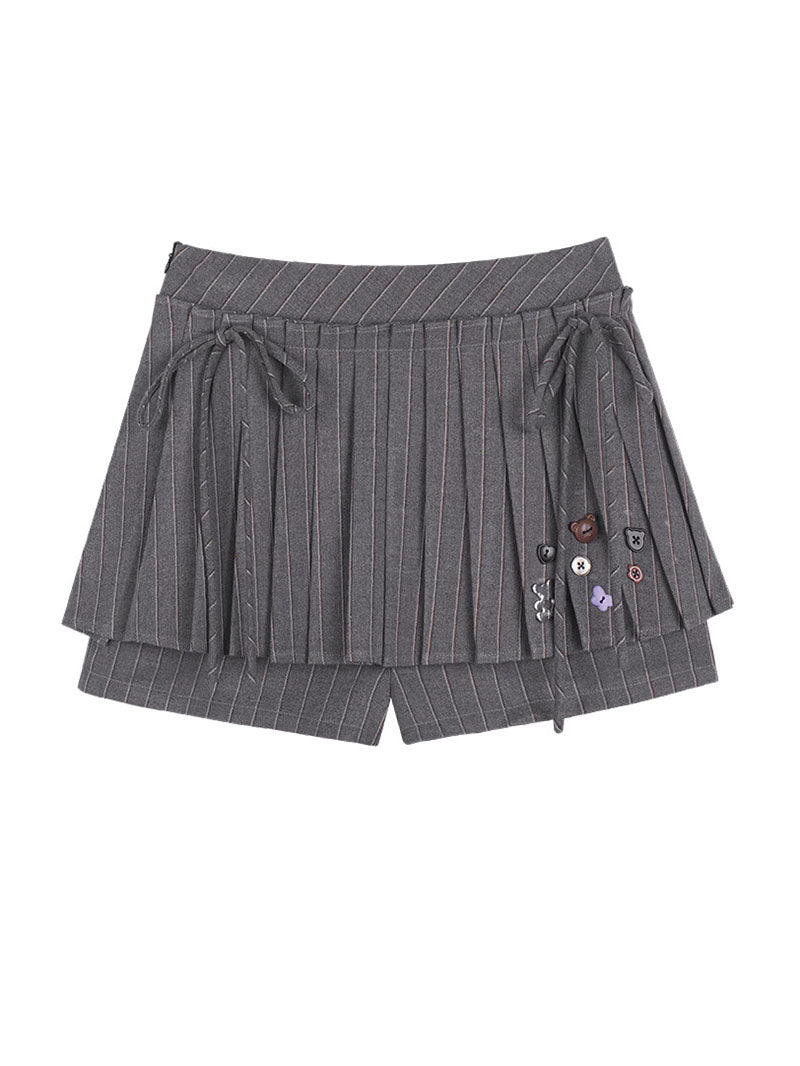Gray Pinstripe Bow Pleated Skort