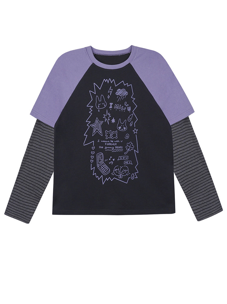 Black Purple Graffiti Print Faux Two Piece Top