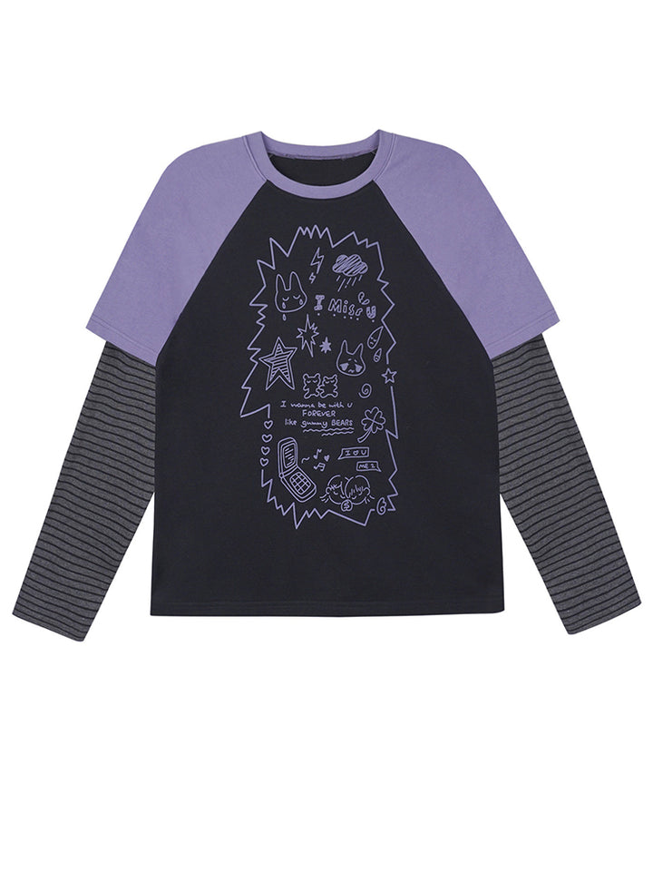 Black Purple Graffiti Print Faux Two Piece Top