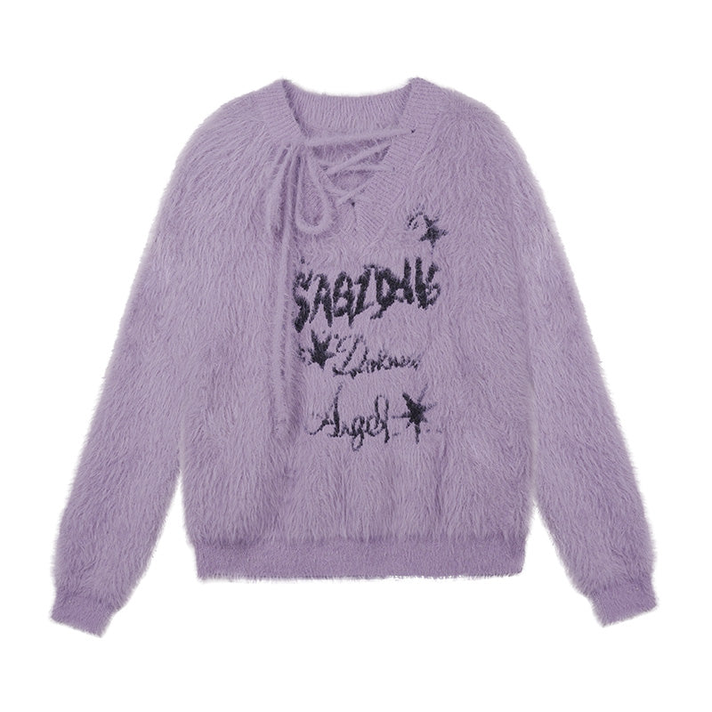 Purple V-Neck Decorative Tie Faux Mink Loose Sweater